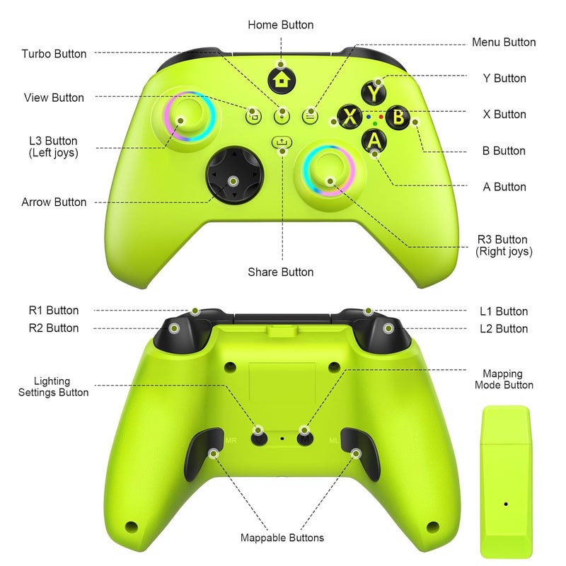 W&O Wireless Controller for With Xbox One, Xbox Series X/S, Xbox One X/S, PC, With RGB LED Light, Mappable Buttons, With 2.4GHZ Wireless Adapter Gamepad (Electric Volt) - Image 2